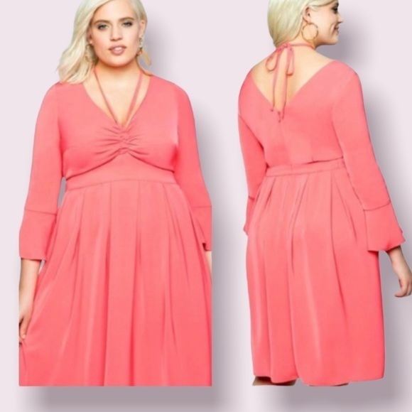 Eloquii Flare Sleeve Dress with Halter Detail in poppy - Picture 1 of 15